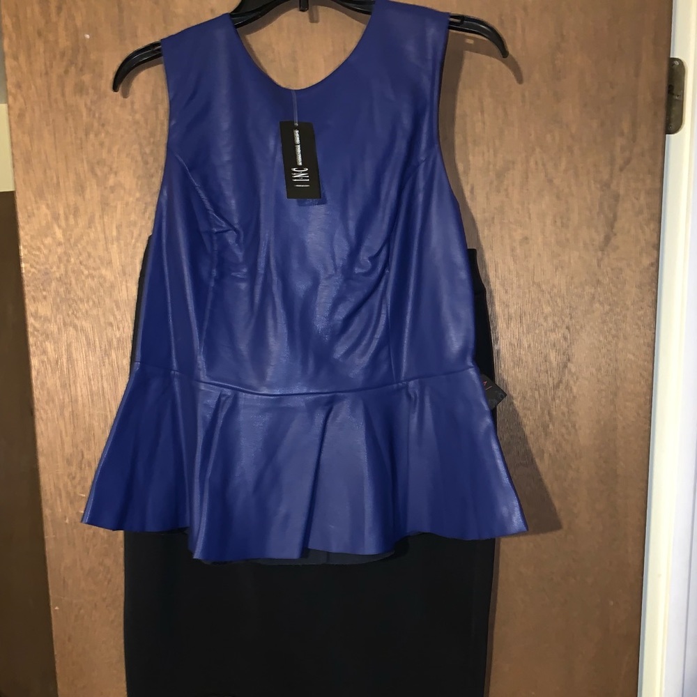 INC Faux Leather Blue peplum Top with zipper
